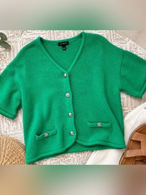 Talbots Emerald Green Cotton Blend Short Sleeve Cardigan Lady Jacket M